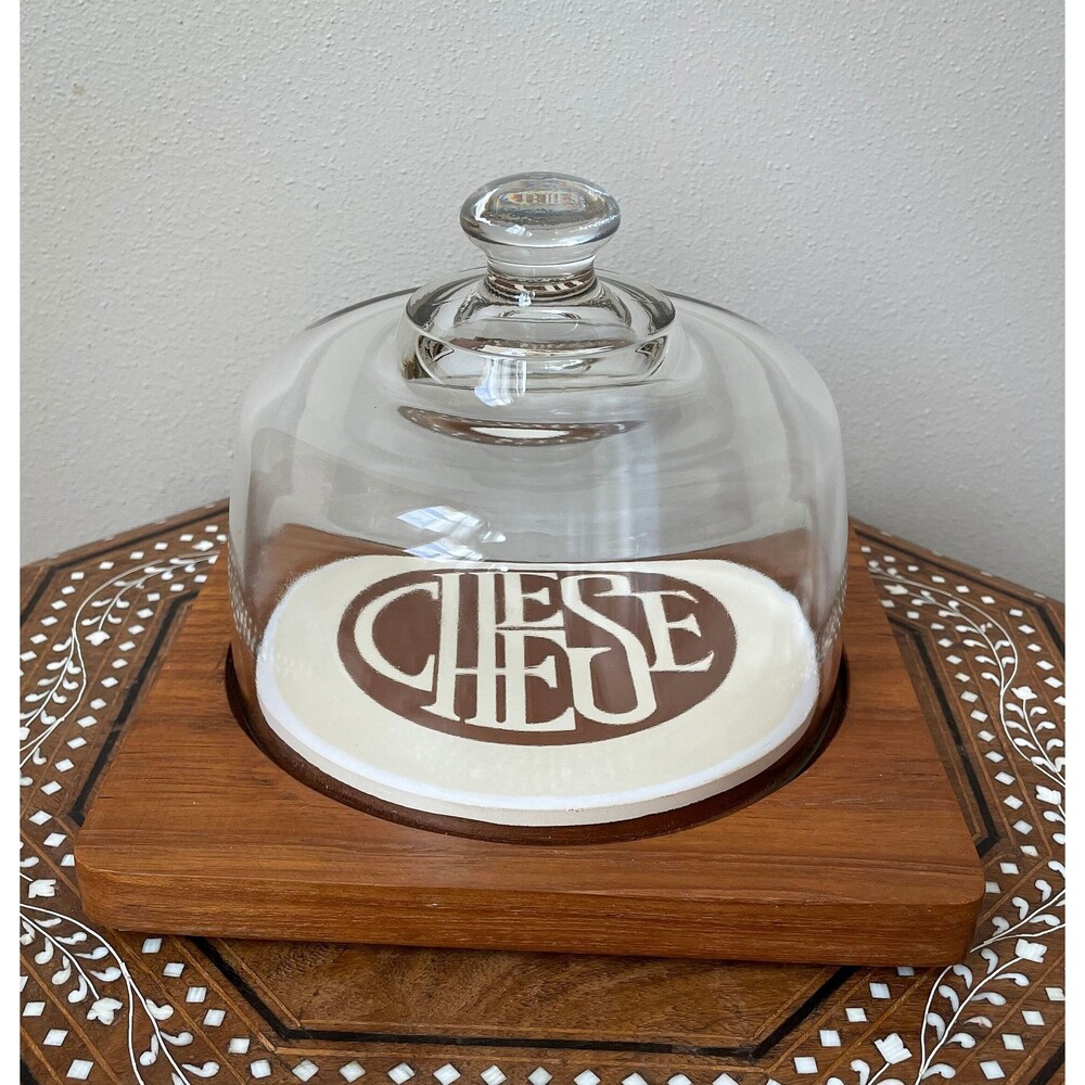 Vintage Teak Wood Ceramic Cheese Board Tray With Cloche Heavy Glass Dome Lid Tha